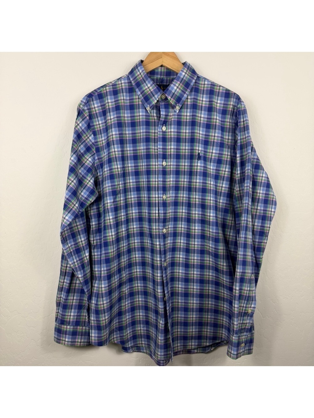 Ralph Lauren Classic Fit Plaid Button Down Shirt Men’s Large Blue Green Cotton